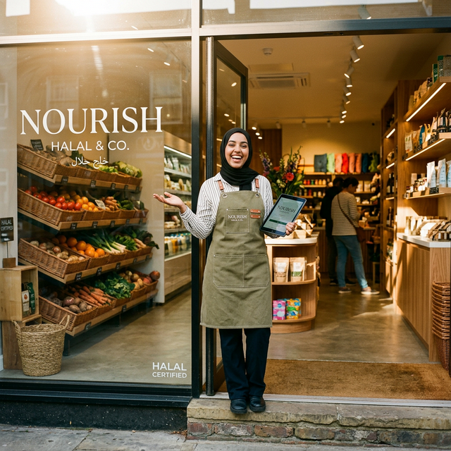 Halal store team member at a storefront